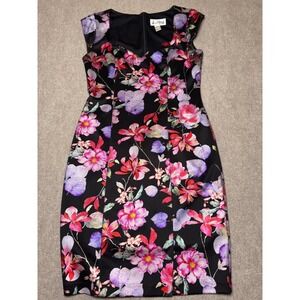 Joseph Ribkoff Floral Metallic Sheath Dress Size 10 Black Pink Purple